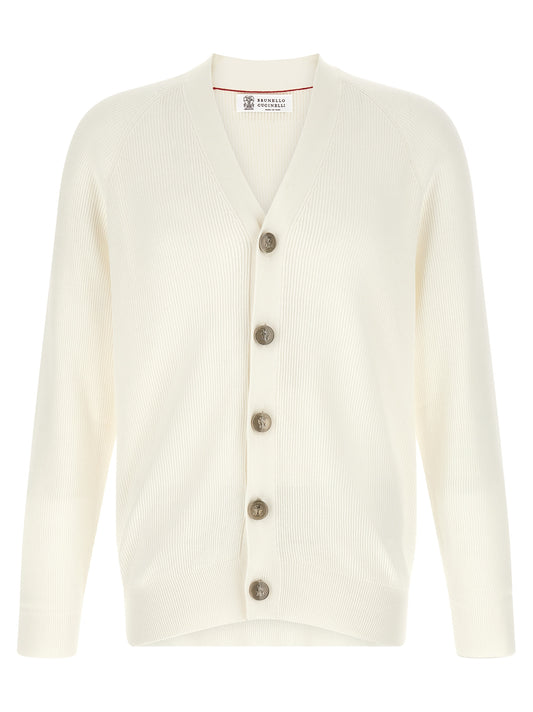 Brunello Cucinelli Men's V Neck Cotton Cardigan - White