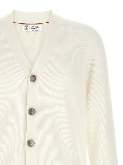 Brunello Cucinelli Men's V Neck Cotton Cardigan - White