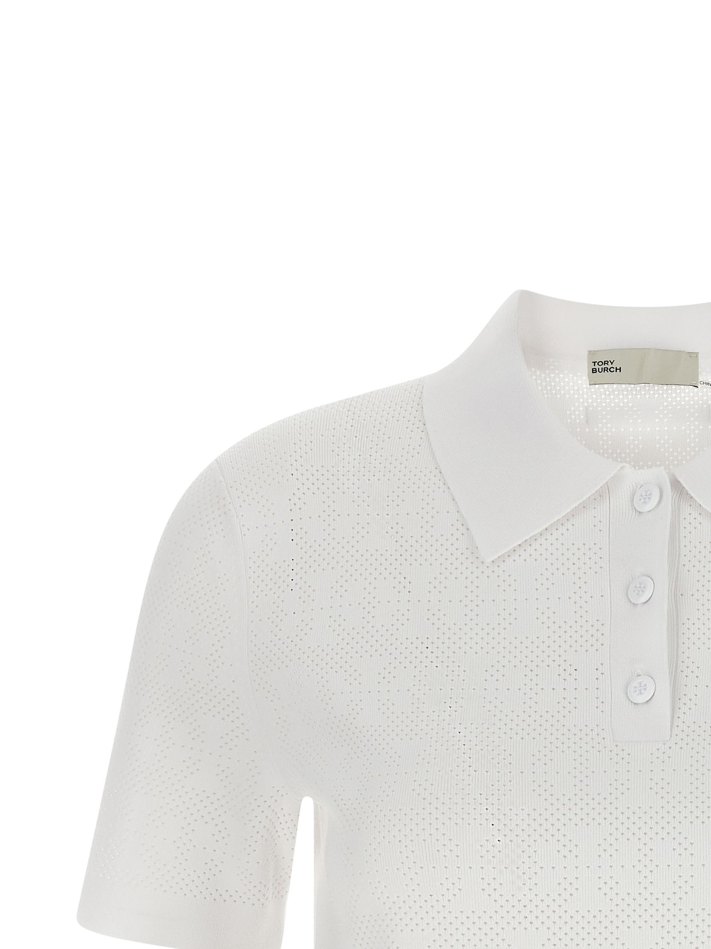 Polo Shirt by Tory Burch for women in viscose polyester & polyamide white showcases a sharp silhouette, detailed with a refined and sharp for a sophisticated finish.