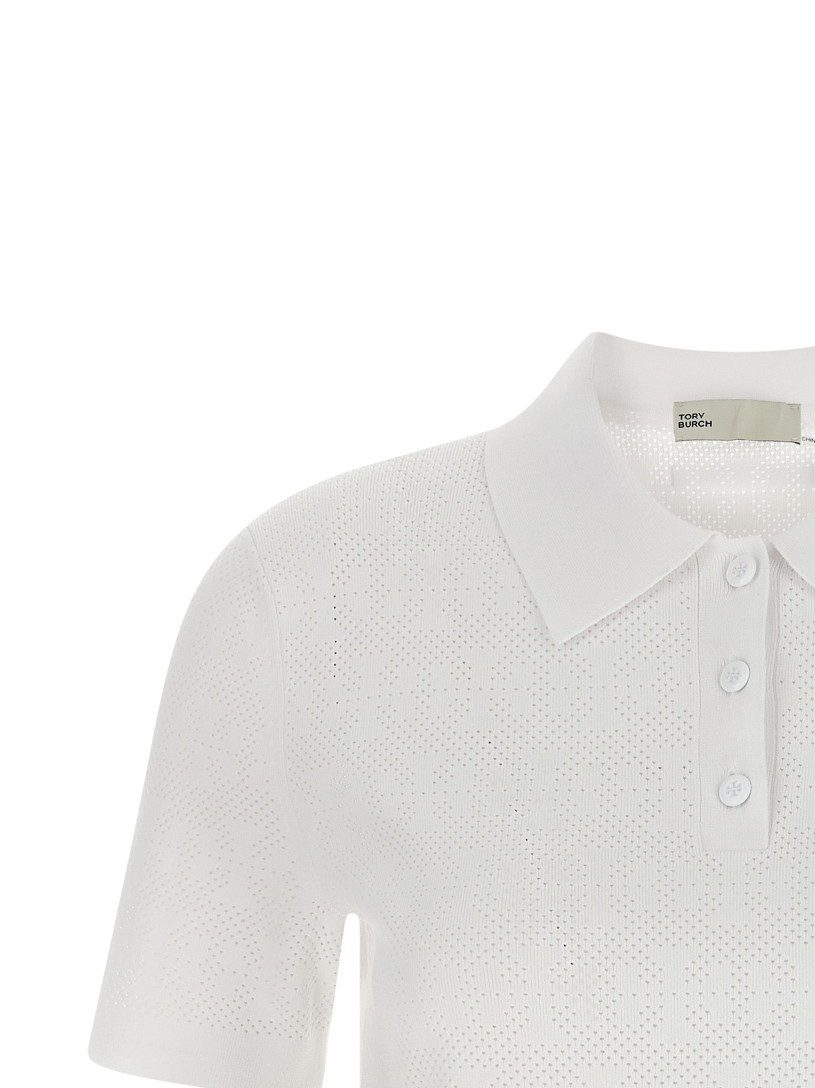 Polo Shirt by Tory Burch for women in viscose polyester & polyamide white showcases a sharp silhouette, detailed with a refined and sharp for a sophisticated finish.