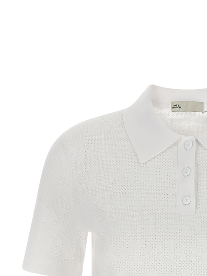 Polo Shirt by Tory Burch for women in viscose polyester & polyamide white showcases a sharp silhouette, detailed with a refined and sharp for a sophisticated finish.