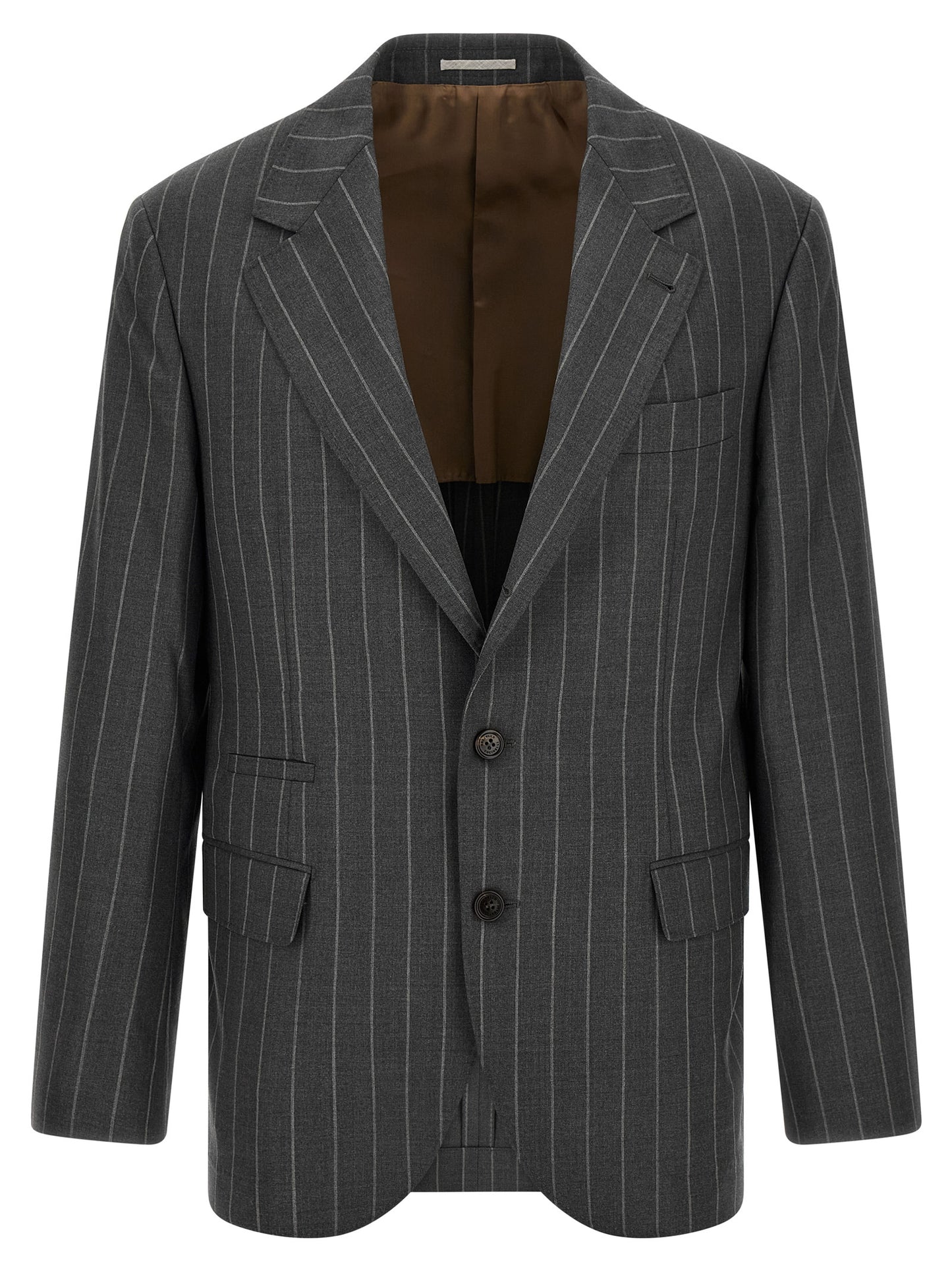 Blazer by Brunello Cucinelli for men in virgin wool gray & horn showcases a discerning silhouette, elegantly detailed with a sophisticated and premium for a truly discerning finish.