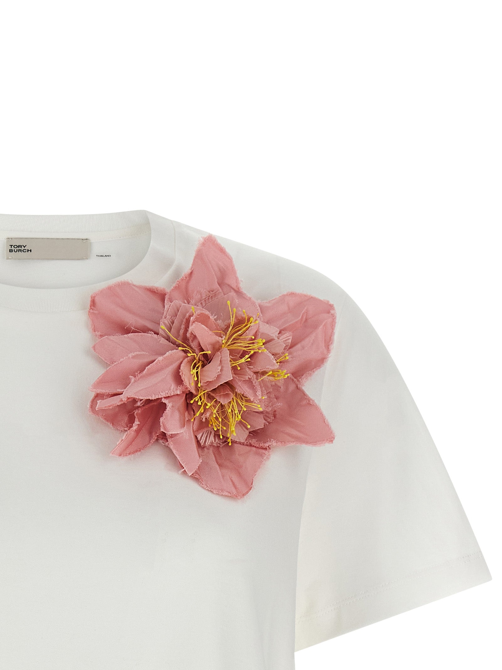 T-Shirt by Tory Burch for women in cotton multicolor, pink & floral showcases a fashionable silhouette, elegantly detailed with a fashionable and for a sophisticated, high-fashion look.