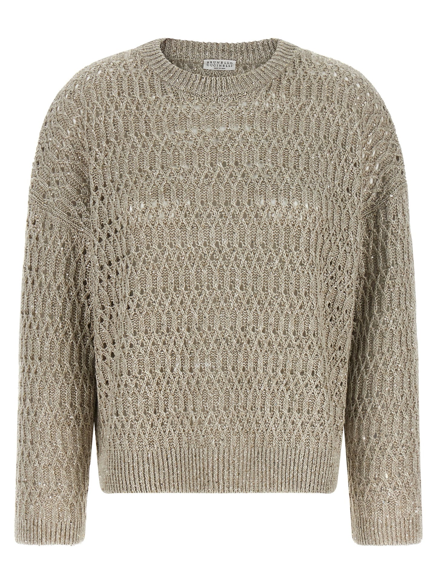 Cardigan by Brunello Cucinelli for women in linen nylon & sequins beige presents a textural silhouette, artfully finished with a textural crew neckline and long-sleeve for a sophisticated, textural look.