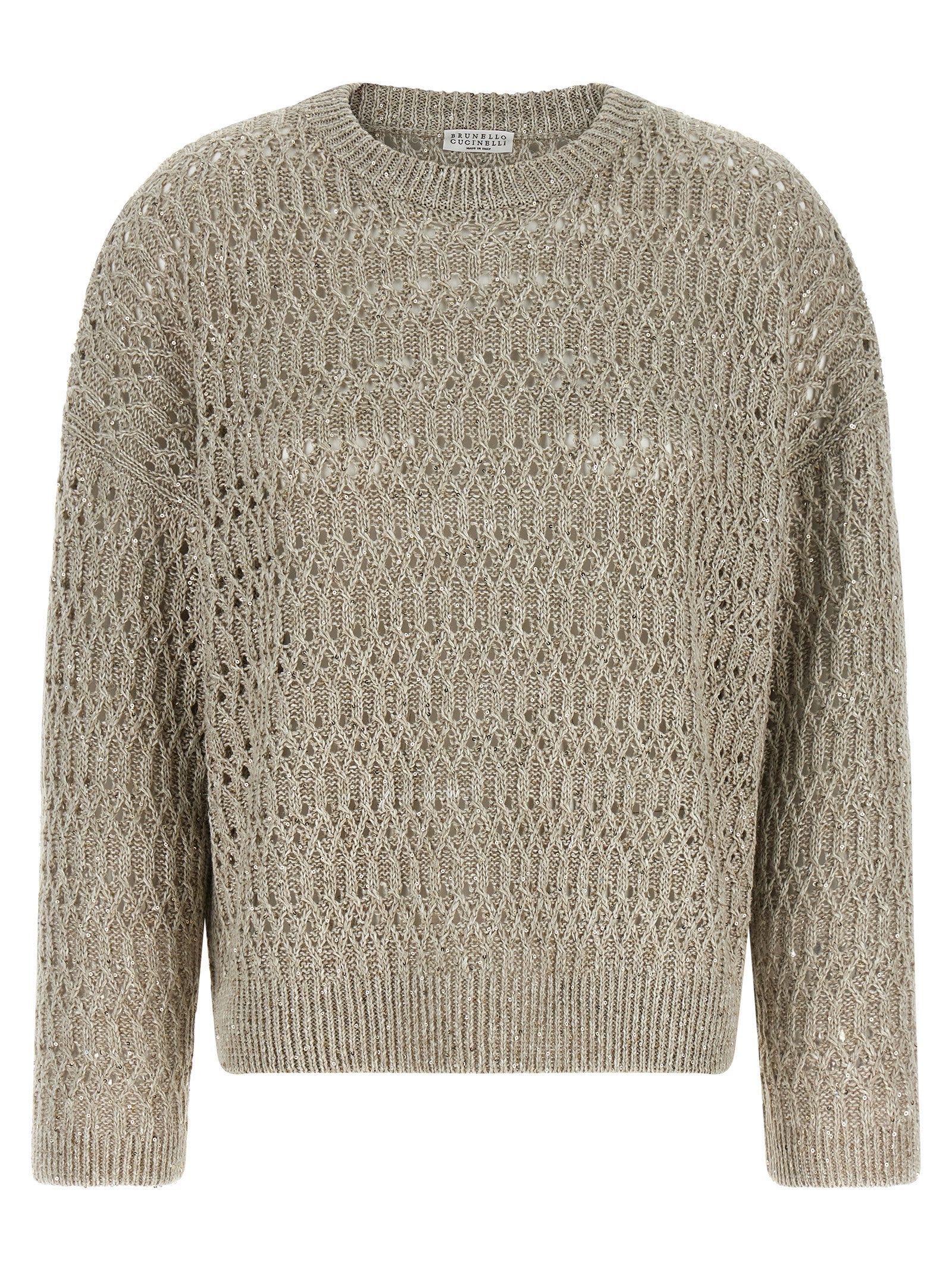 Cardigan by Brunello Cucinelli for women in linen nylon & sequins beige presents a textural silhouette, artfully finished with a textural crew neckline and long-sleeve for a sophisticated, textural look.