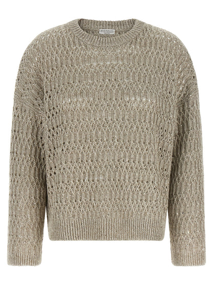 Cardigan by Brunello Cucinelli for women in linen nylon & sequins beige presents a textural silhouette, artfully finished with a textural crew neckline and long-sleeve for a sophisticated, textural look.