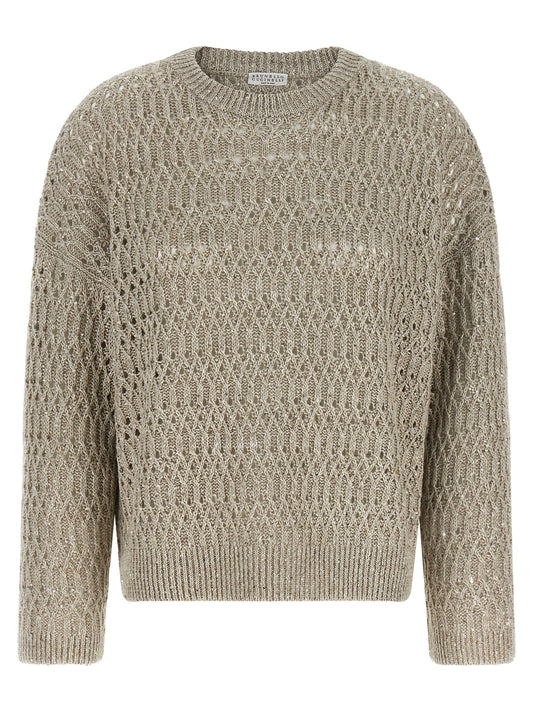 Cardigan by Brunello Cucinelli for women in linen nylon & sequins beige presents a textural silhouette, artfully finished with a textural crew neckline and long-sleeve for a sophisticated, textural look.