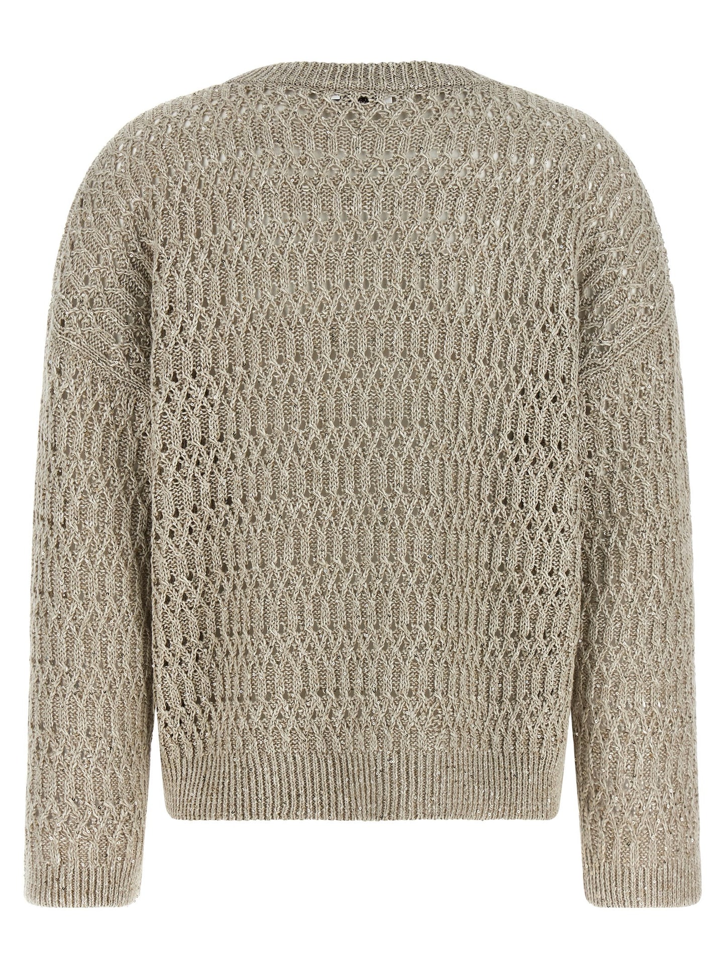 Cardigan by Brunello Cucinelli for women in linen nylon & sequins beige showcases a luxurious silhouette, meticulously detailed with a sophisticated crew neckline and for a refined finish.