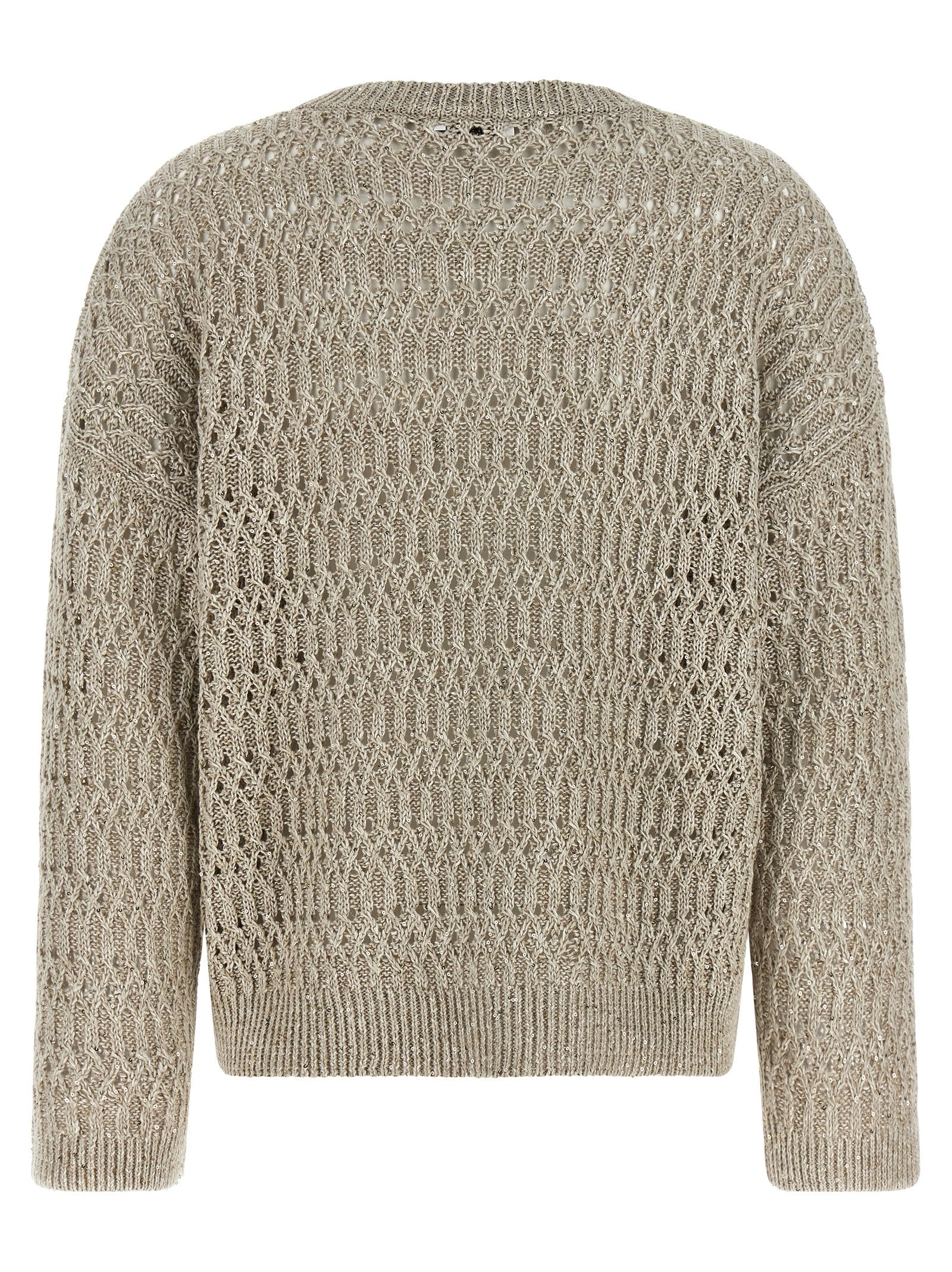 Cardigan by Brunello Cucinelli for women in linen nylon & sequins beige showcases a luxurious silhouette, meticulously detailed with a sophisticated crew neckline and for a refined finish.