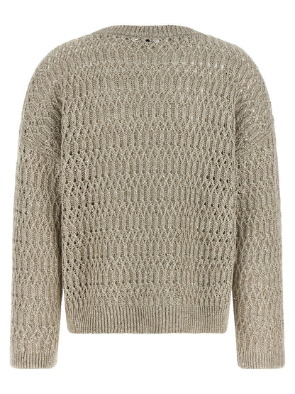 Cardigan by Brunello Cucinelli for women in linen nylon & sequins beige showcases a luxurious silhouette, meticulously detailed with a sophisticated crew neckline and for a refined finish.