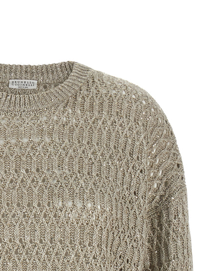 Cardigan by Brunello Cucinelli for women in linen nylon & sequins beige features a dramatic silhouette, showcasing a sophisticated crew neckline and dramatic detail for a timeless, premium look.