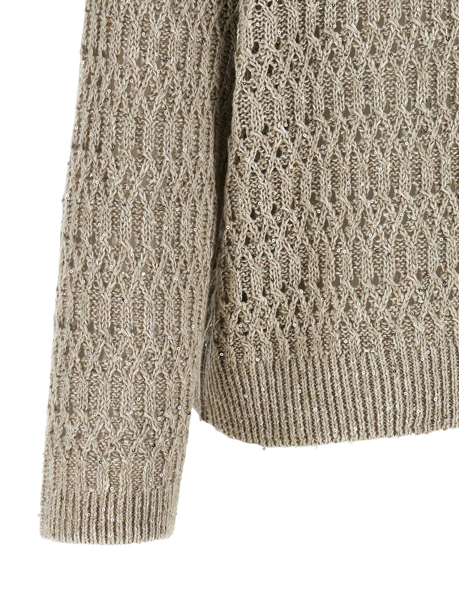 Cardigan by Brunello Cucinelli for women in linen nylon & sequins beige features an impeccable silhouette, showcasing a sophisticated and detail for a truly impeccable finish.