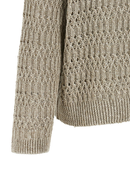Cardigan by Brunello Cucinelli for women in linen nylon & sequins beige features an impeccable silhouette, showcasing a sophisticated and detail for a truly impeccable finish.