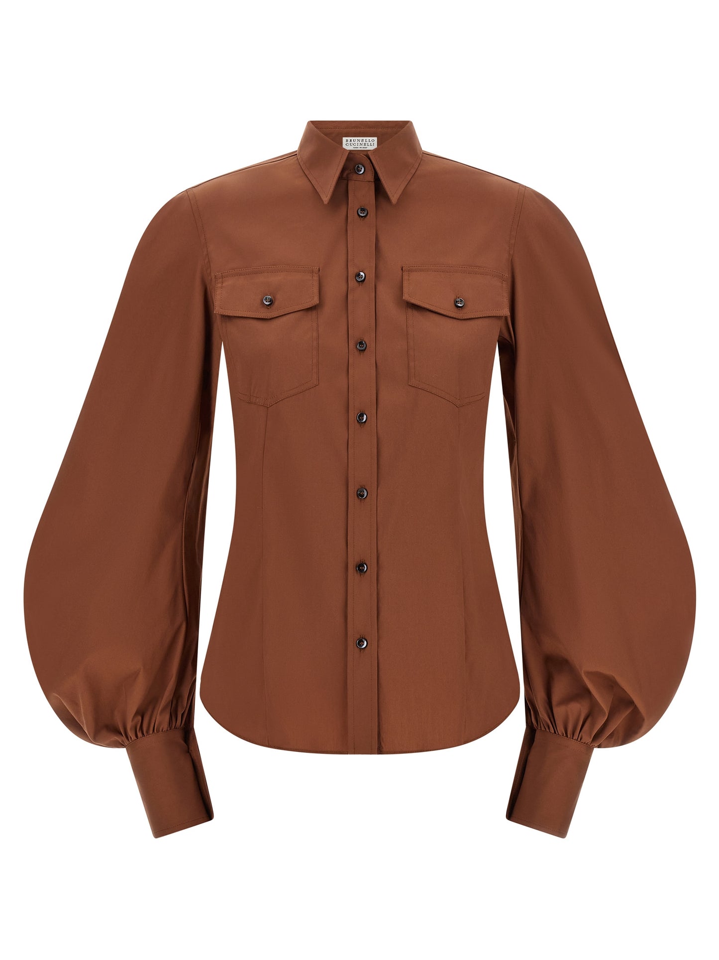 Blouse by Brunello Cucinelli for women in stretch polyamide cotton brown & pearl showcases a sharp silhouette, elegantly detailed with a sharp and sharp .