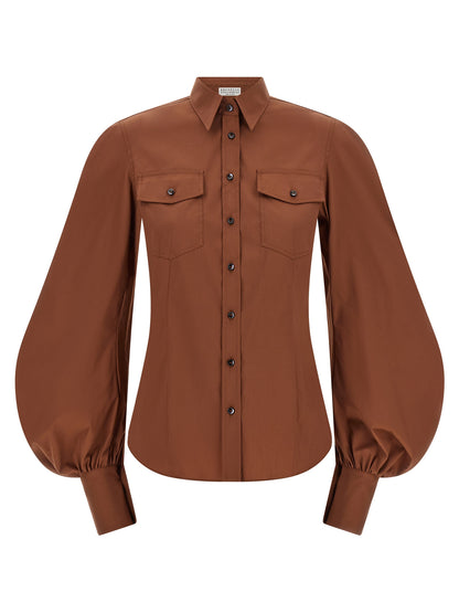 Blouse by Brunello Cucinelli for women in stretch polyamide cotton brown & pearl showcases a sharp silhouette, elegantly detailed with a sharp and sharp .