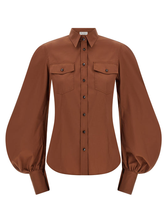 Blouse by Brunello Cucinelli for women in stretch polyamide cotton brown & pearl showcases a sharp silhouette, elegantly detailed with a sharp and sharp .