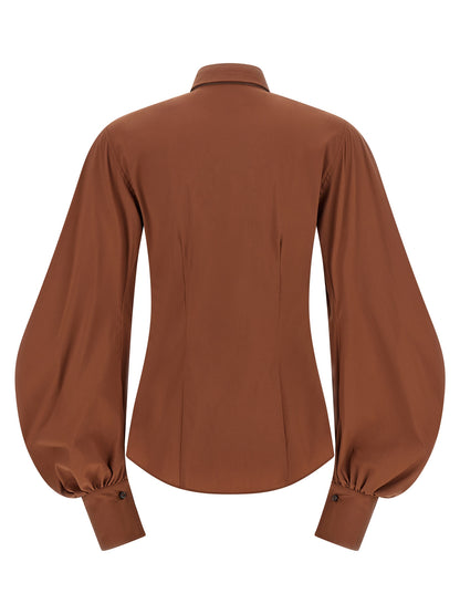 Blouse by Brunello Cucinelli for women in stretch polyamide cotton brown & pearl showcases a sublime silhouette, artfully detailed with a sublime and for a sophisticated, sublime finish.