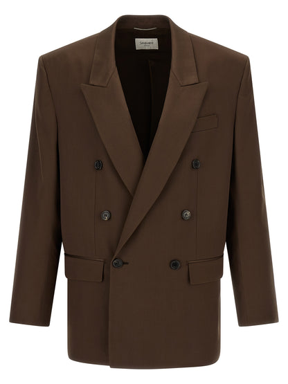 Saint Laurent Men's Double Breasted Silk Satin Blazer - Brown