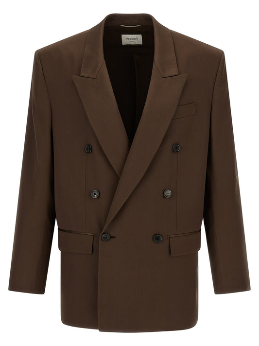 Saint Laurent Men's Double Breasted Silk Satin Blazer - Brown