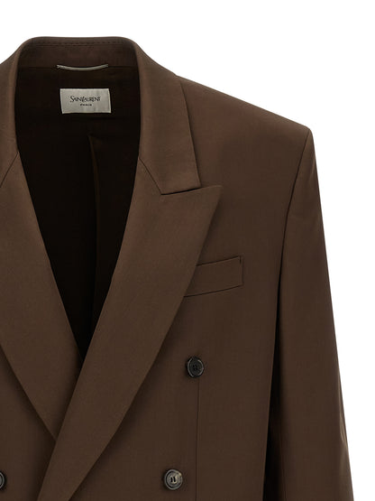 Saint Laurent Men's Double Breasted Silk Satin Blazer - Brown