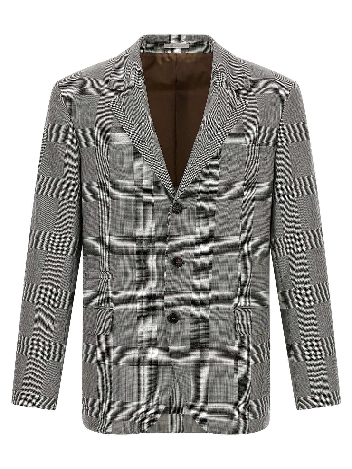 Blazer by Brunello Cucinelli for men in virgin wool & cupro gray & horn presents a distinguished silhouette, detailed with a distinguished split neckline and distinctive for a truly sophisticated finish.