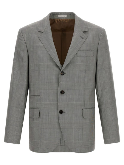 Blazer by Brunello Cucinelli for men in virgin wool & cupro gray & horn presents a distinguished silhouette, detailed with a distinguished split neckline and distinctive for a truly sophisticated finish.