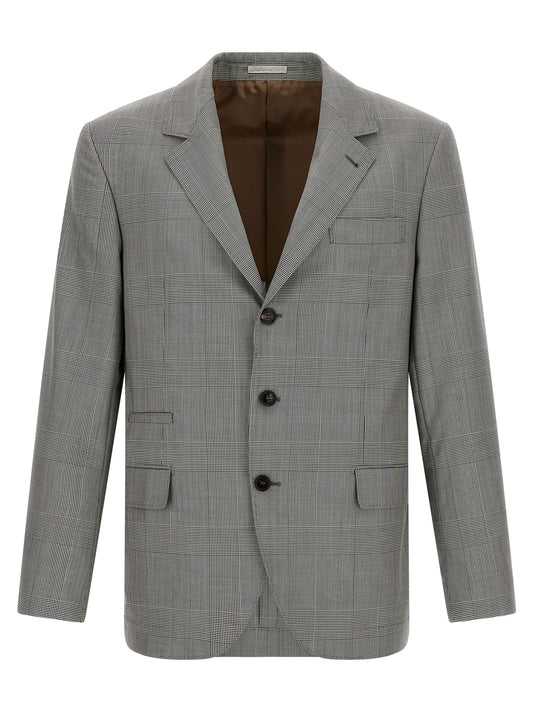 Blazer by Brunello Cucinelli for men in virgin wool & cupro gray & horn presents a distinguished silhouette, detailed with a distinguished split neckline and distinctive for a truly sophisticated finish.
