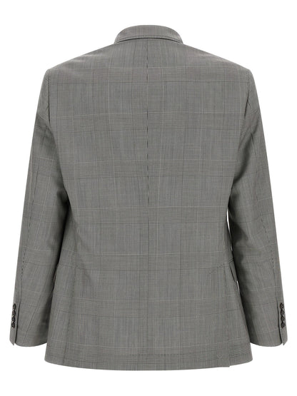 Blazer by Brunello Cucinelli for men in virgin wool & cupro gray & horn showcases a polished silhouette, highlighted by a refined split neckline and polished for a sophisticated finish.