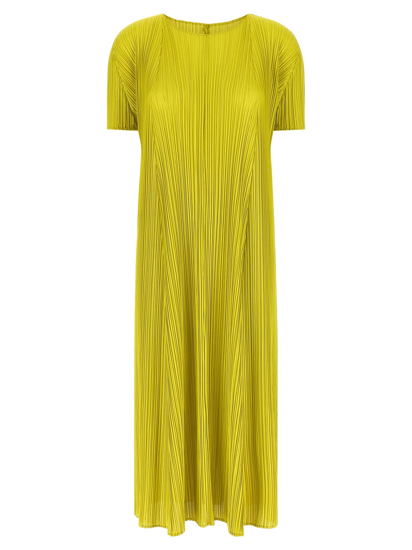 Dress by PLEATS PLEASE ISSEY MIYAKE for women in polyester bicolour & green features an eye catching silhouette with a sophisticated round neckline, elegant short-sleeve, and a refined midi short for a eye catching aesthetic.