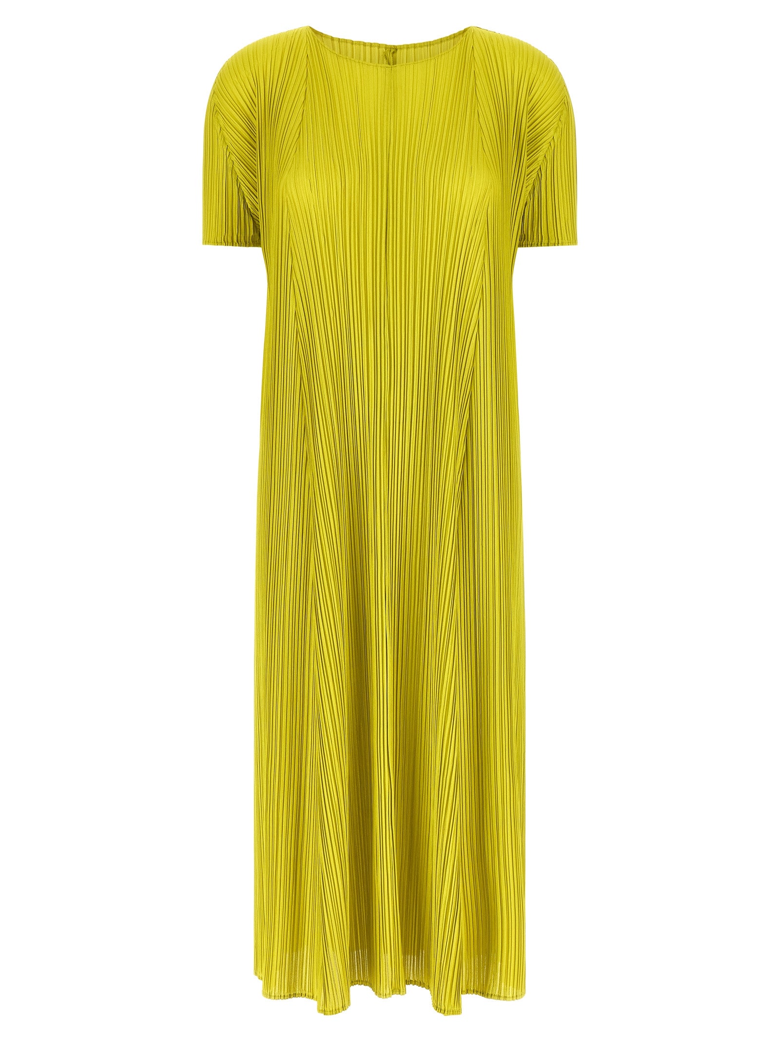 Dress by PLEATS PLEASE ISSEY MIYAKE for women in polyester bicolour & green features an eye catching silhouette with a sophisticated round neckline, elegant short-sleeve, and a refined midi short for a eye catching aesthetic.