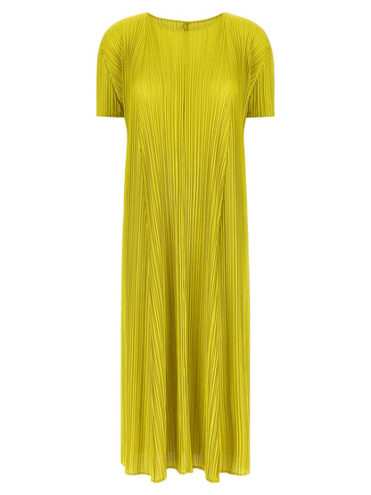 Dress by PLEATS PLEASE ISSEY MIYAKE for women in polyester bicolour & green features an eye catching silhouette with a sophisticated round neckline, elegant short-sleeve, and a refined midi short for a eye catching aesthetic.
