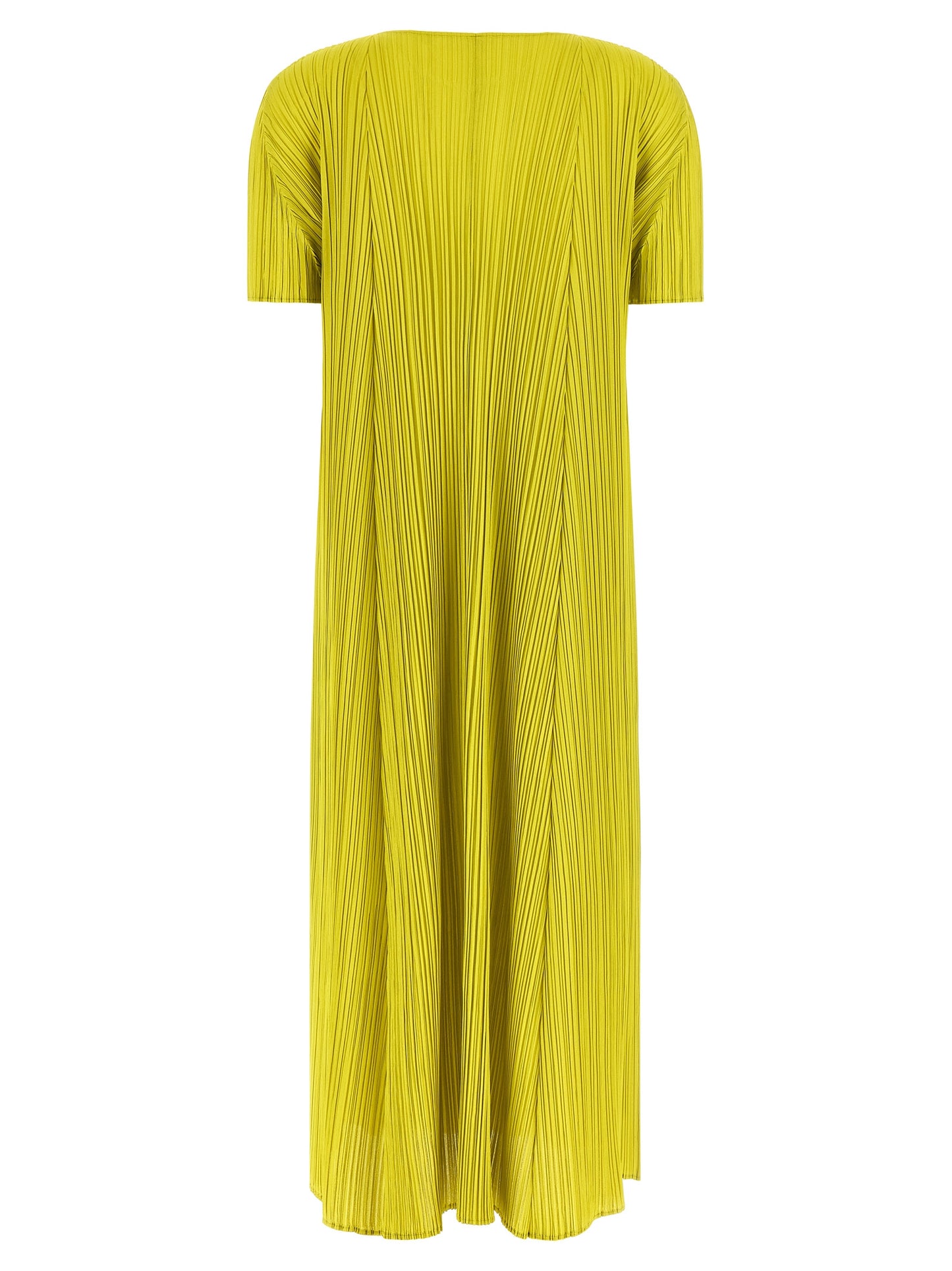 Dress by PLEATS PLEASE ISSEY MIYAKE for women in polyester bicolour & green features a dramatic silhouette, showcasing an elegant round neckline and that flows into a dramatic midi short.