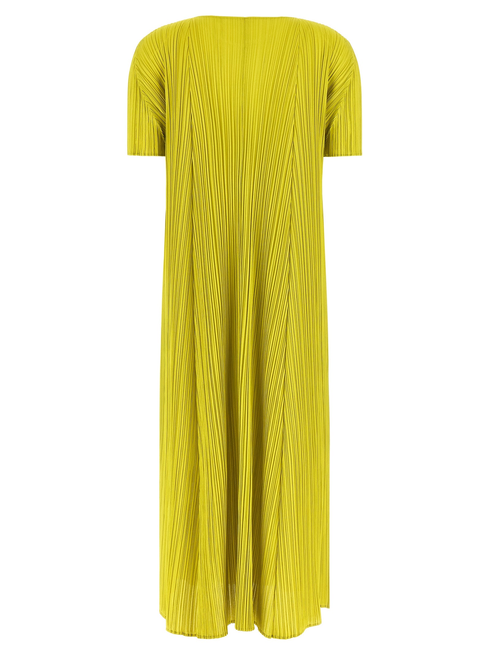 Dress by PLEATS PLEASE ISSEY MIYAKE for women in polyester bicolour & green features a dramatic silhouette, showcasing an elegant round neckline and that flows into a dramatic midi short.
