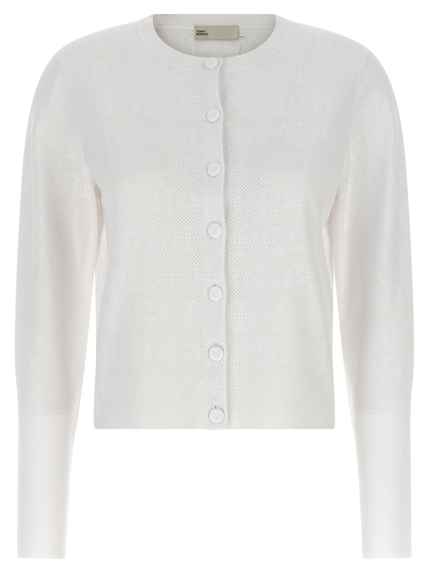 Cardigan by Tory Burch for women in viscose polyester & polyamide white presents a textural silhouette, artfully finished with a textural crew neckline and long-sleeve for a sophisticated, textural look.