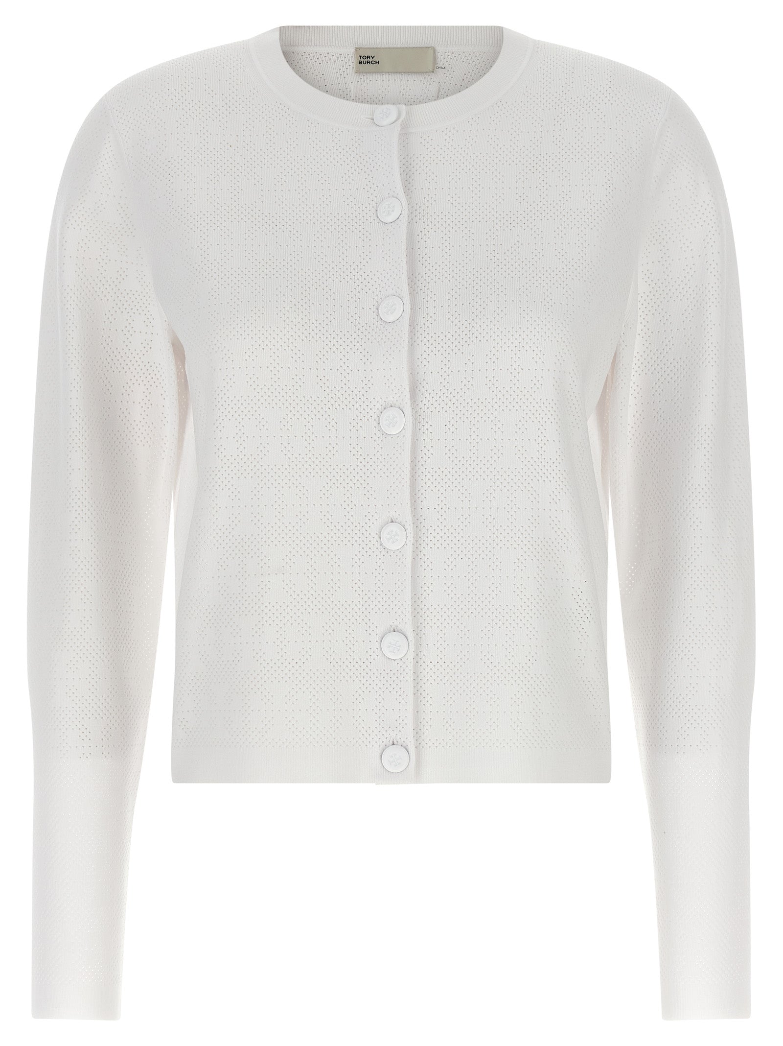 Cardigan by Tory Burch for women in viscose polyester & polyamide white presents a textural silhouette, artfully finished with a textural crew neckline and long-sleeve for a sophisticated, textural look.