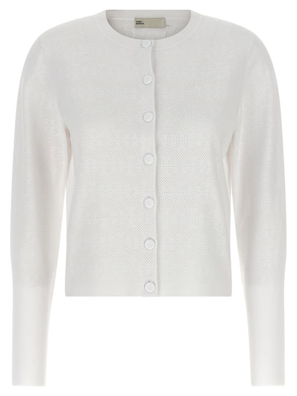 Cardigan by Tory Burch for women in viscose polyester & polyamide white presents a textural silhouette, artfully finished with a textural crew neckline and long-sleeve for a sophisticated, textural look.