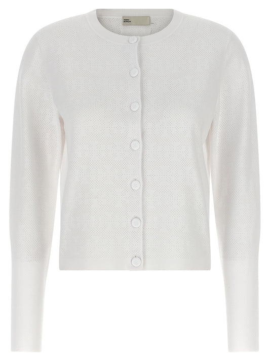 Cardigan by Tory Burch for women in viscose polyester & polyamide white presents a textural silhouette, artfully finished with a textural crew neckline and long-sleeve for a sophisticated, textural look.