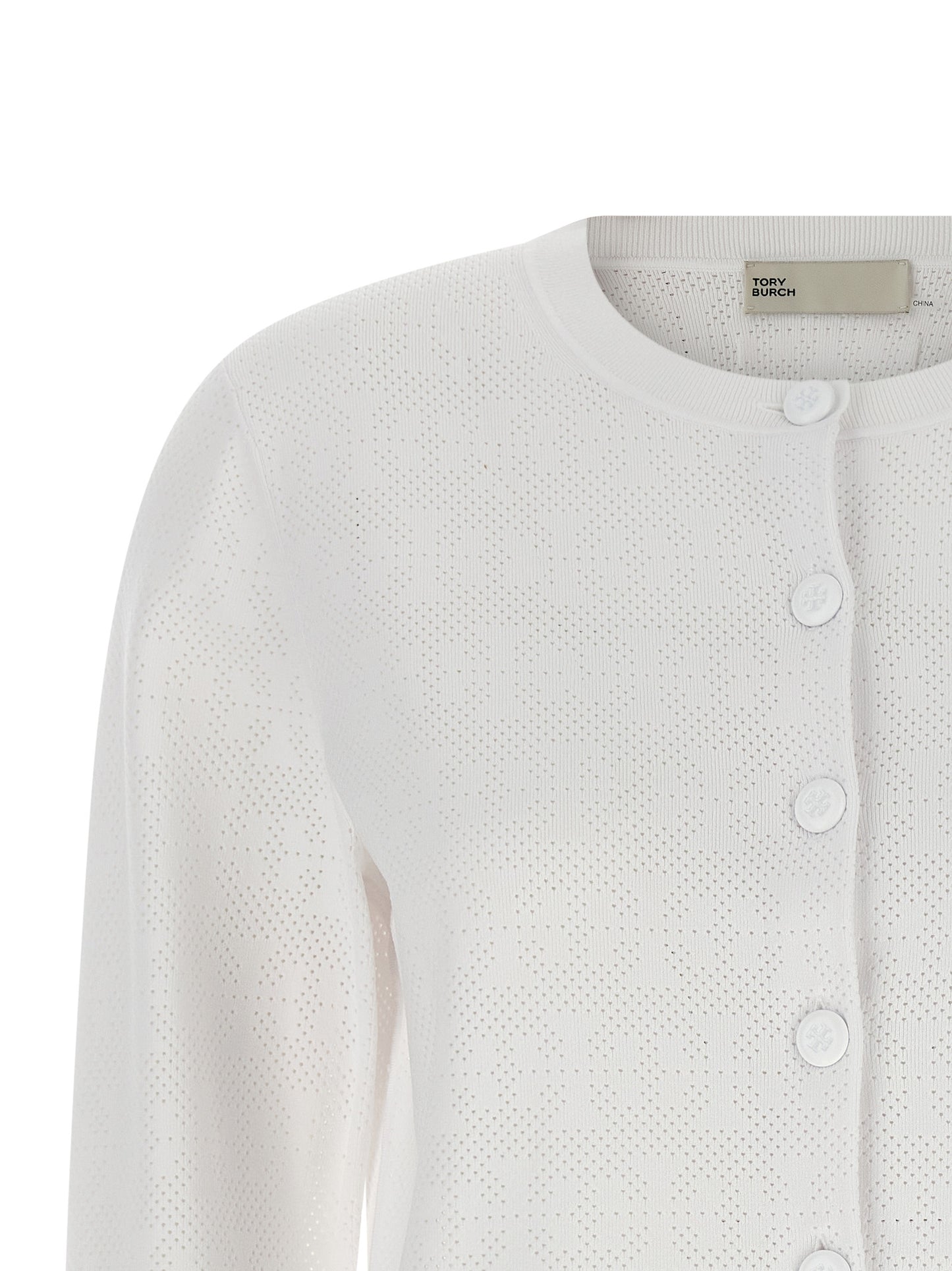 Cardigan by Tory Burch for women in viscose polyester & polyamide white features a dramatic silhouette, showcasing a sophisticated crew neckline and dramatic detail for a timeless, premium look.