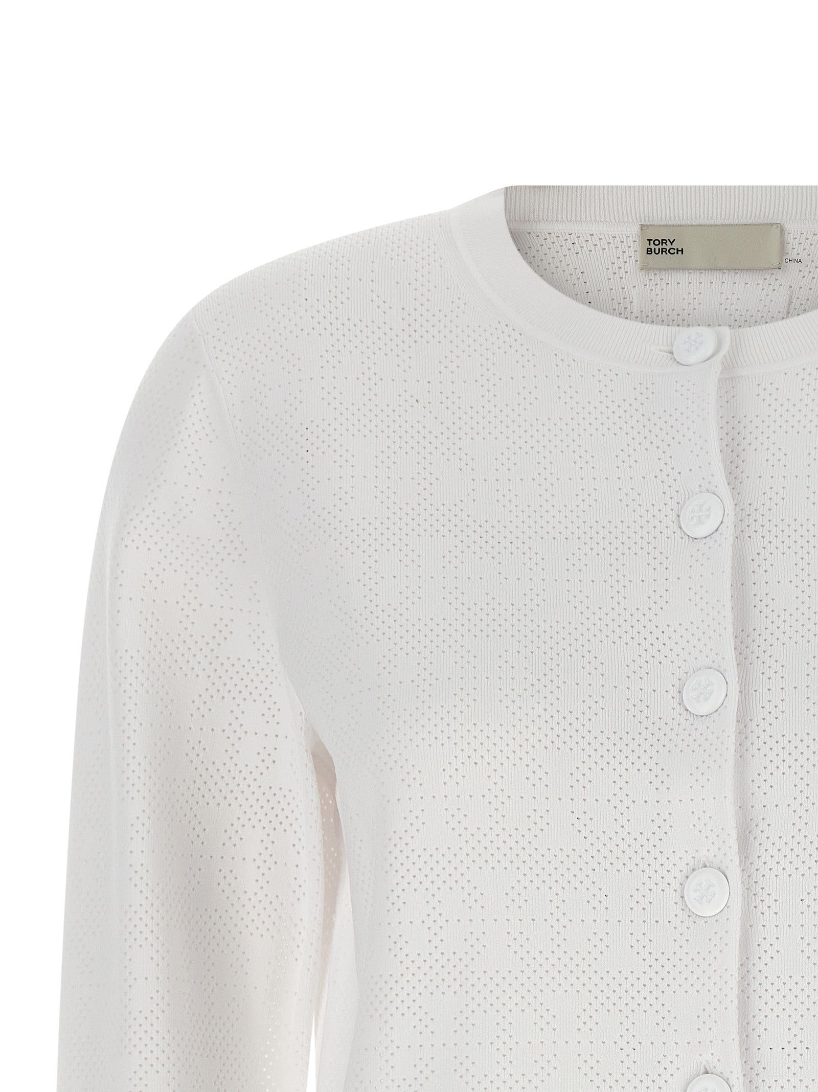 Cardigan by Tory Burch for women in viscose polyester & polyamide white features a dramatic silhouette, showcasing a sophisticated crew neckline and dramatic detail for a timeless, premium look.