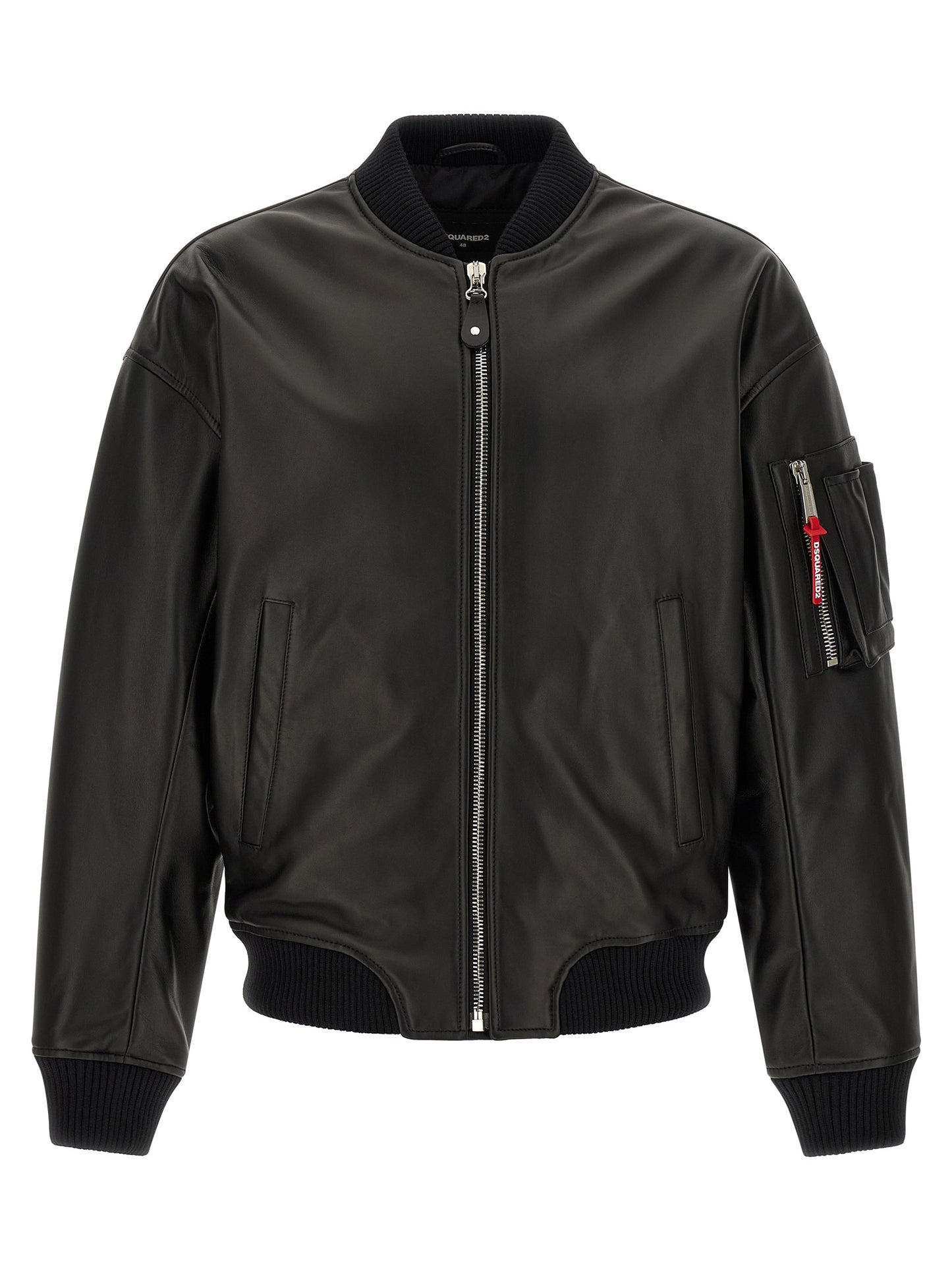 Bomber Jacket by Dsquared² for men in leather black presents a effortlessly chic silhouette, showcasing a sophisticated high-neck neckline and premium pockets & insulated for a truly effortlessly chic finish.