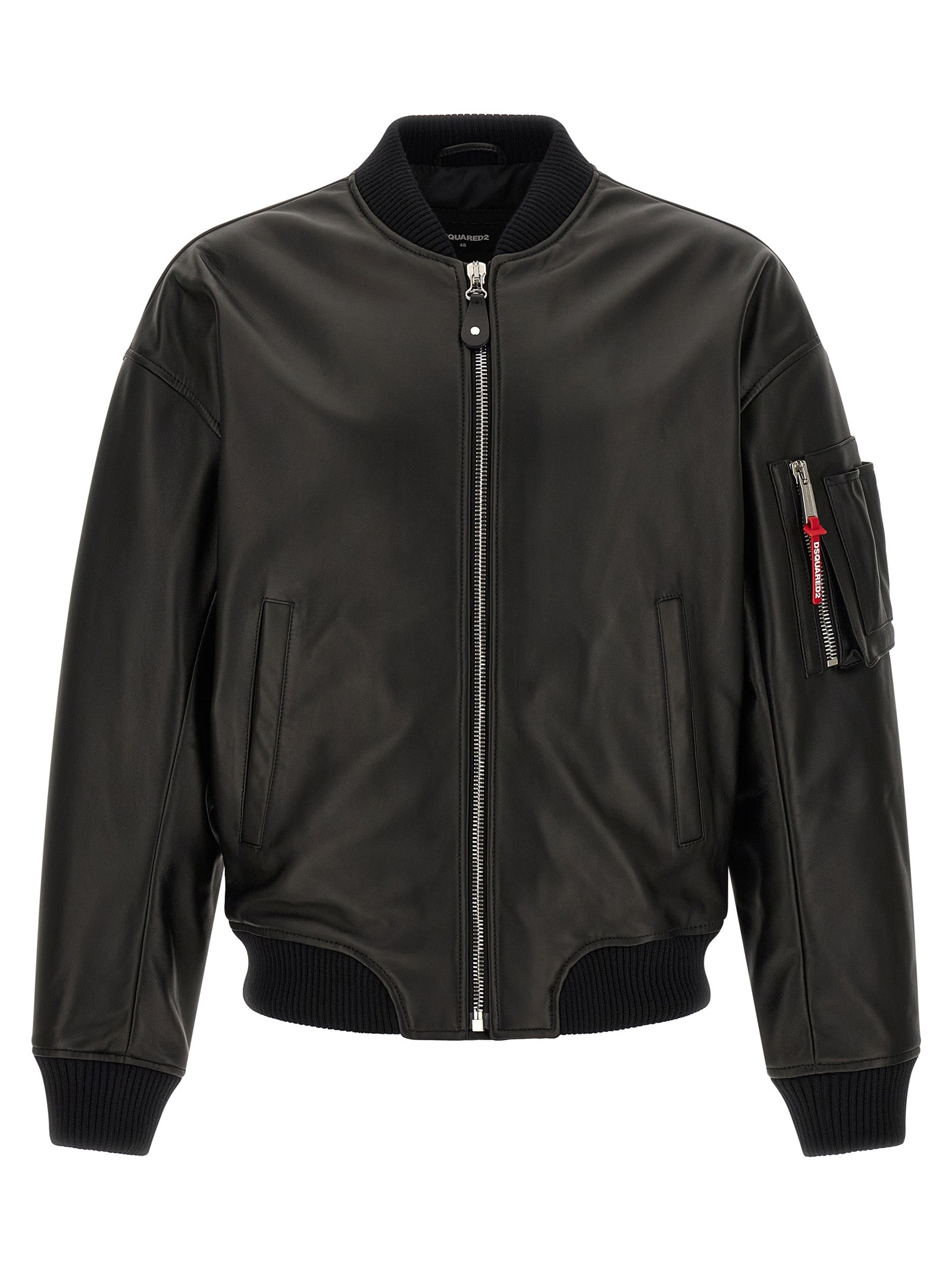 Bomber Jacket by Dsquared² for men in leather black presents a effortlessly chic silhouette, showcasing a sophisticated high-neck neckline and premium pockets & insulated for a truly effortlessly chic finish.
