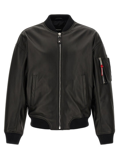 Bomber Jacket by Dsquared² for men in leather black presents a effortlessly chic silhouette, showcasing a sophisticated high-neck neckline and premium pockets & insulated for a truly effortlessly chic finish.