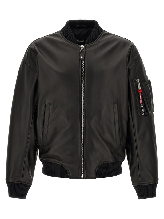 Bomber Jacket by Dsquared² for men in leather black presents a effortlessly chic silhouette, showcasing a sophisticated high-neck neckline and premium pockets & insulated for a truly effortlessly chic finish.