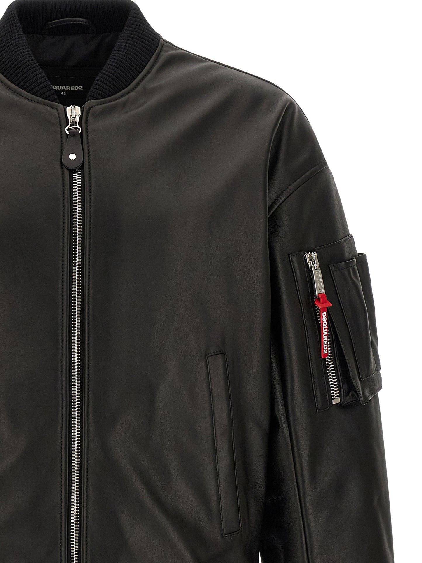 Bomber Jacket by Dsquared² for men in leather black showcases a bohemian silhouette, artfully detailed with a bohemian high-neck neckline and signature pockets & insulated for a truly bohemian finish.