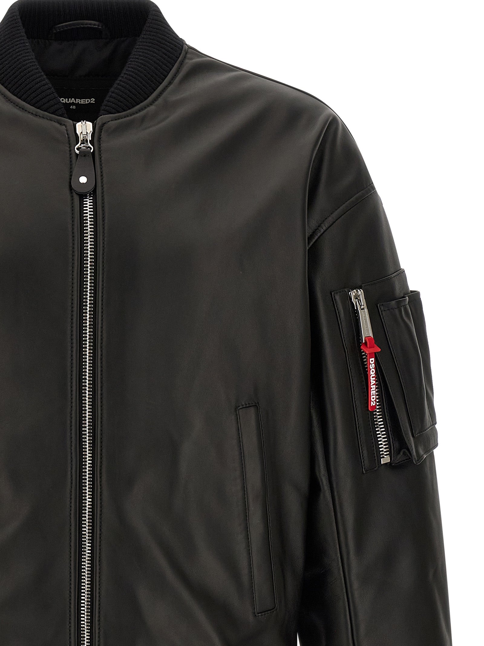 Bomber Jacket by Dsquared² for men in leather black showcases a bohemian silhouette, artfully detailed with a bohemian high-neck neckline and signature pockets & insulated for a truly bohemian finish.