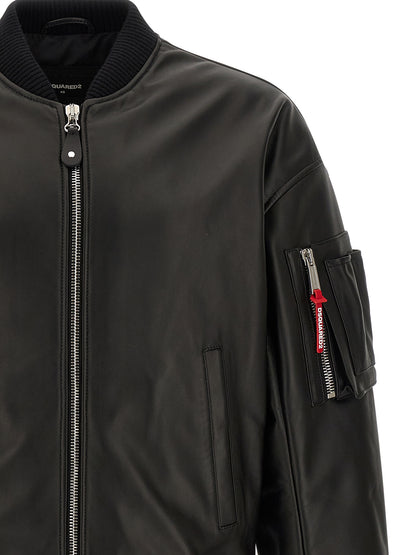 Bomber Jacket by Dsquared² for men in leather black showcases a bohemian silhouette, artfully detailed with a bohemian high-neck neckline and signature pockets & insulated for a truly bohemian finish.
