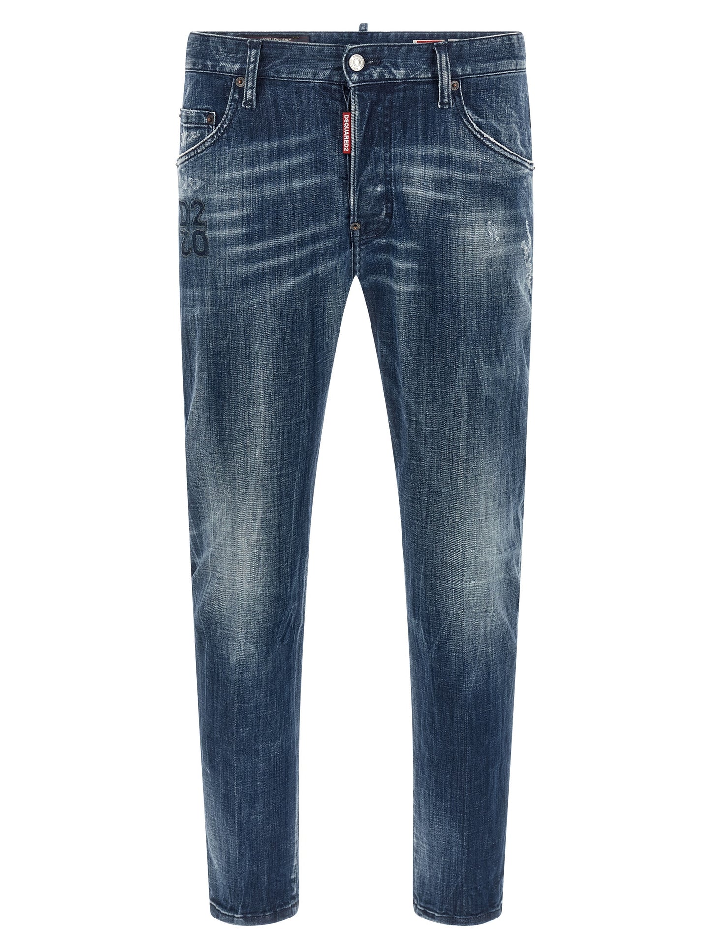 Jeans by Dsquared² for men in stretch denim cotton blue & signature features an sartorial relaxed-fit and long with a low rise cut for a sartorial finish.