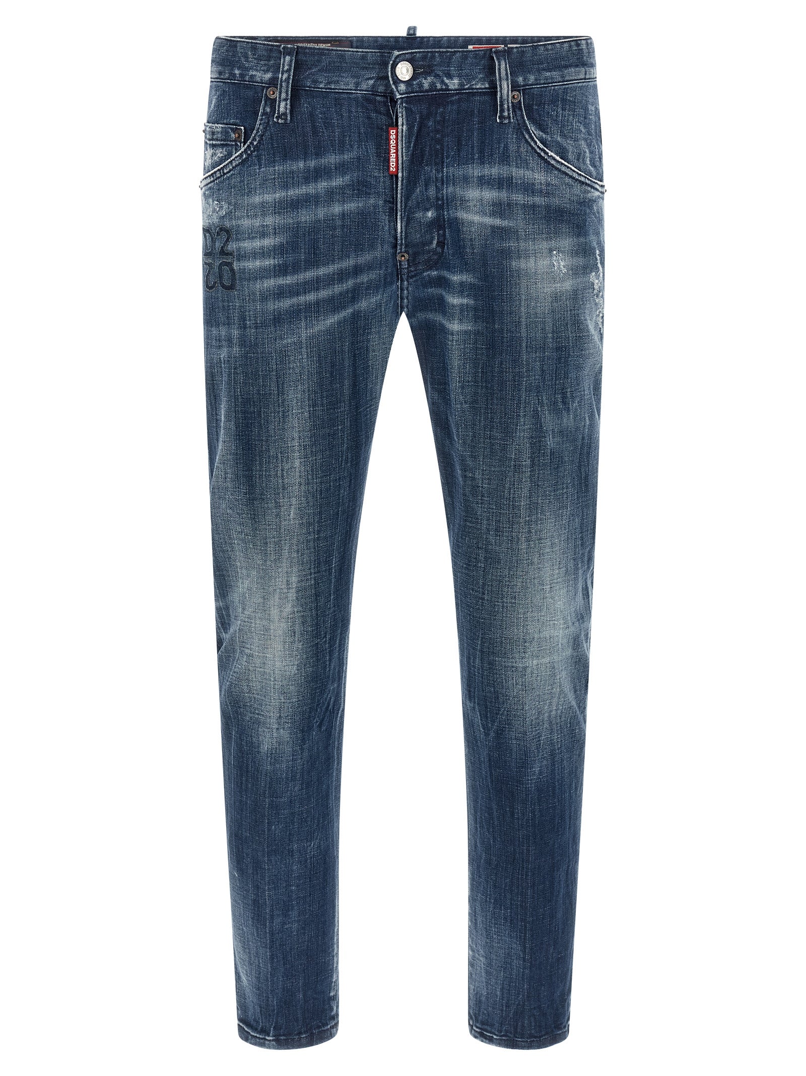 Jeans by Dsquared² for men in stretch denim cotton blue & signature features an sartorial relaxed-fit and long with a low rise cut for a sartorial finish.