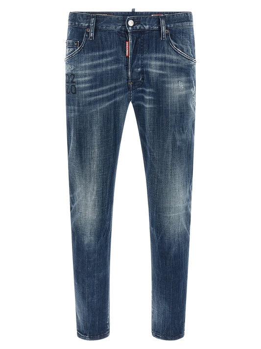 Jeans by Dsquared² for men in stretch denim cotton blue & signature features an sartorial relaxed-fit and long with a low rise cut for a sartorial finish.