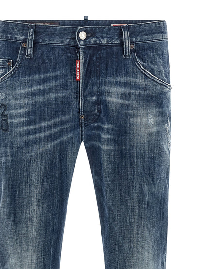 Jeans by Dsquared² for men in stretch denim cotton blue & signature features a polished silhouette with a polished relaxed-fit, reaching a polished long and finished with a polished low rise.